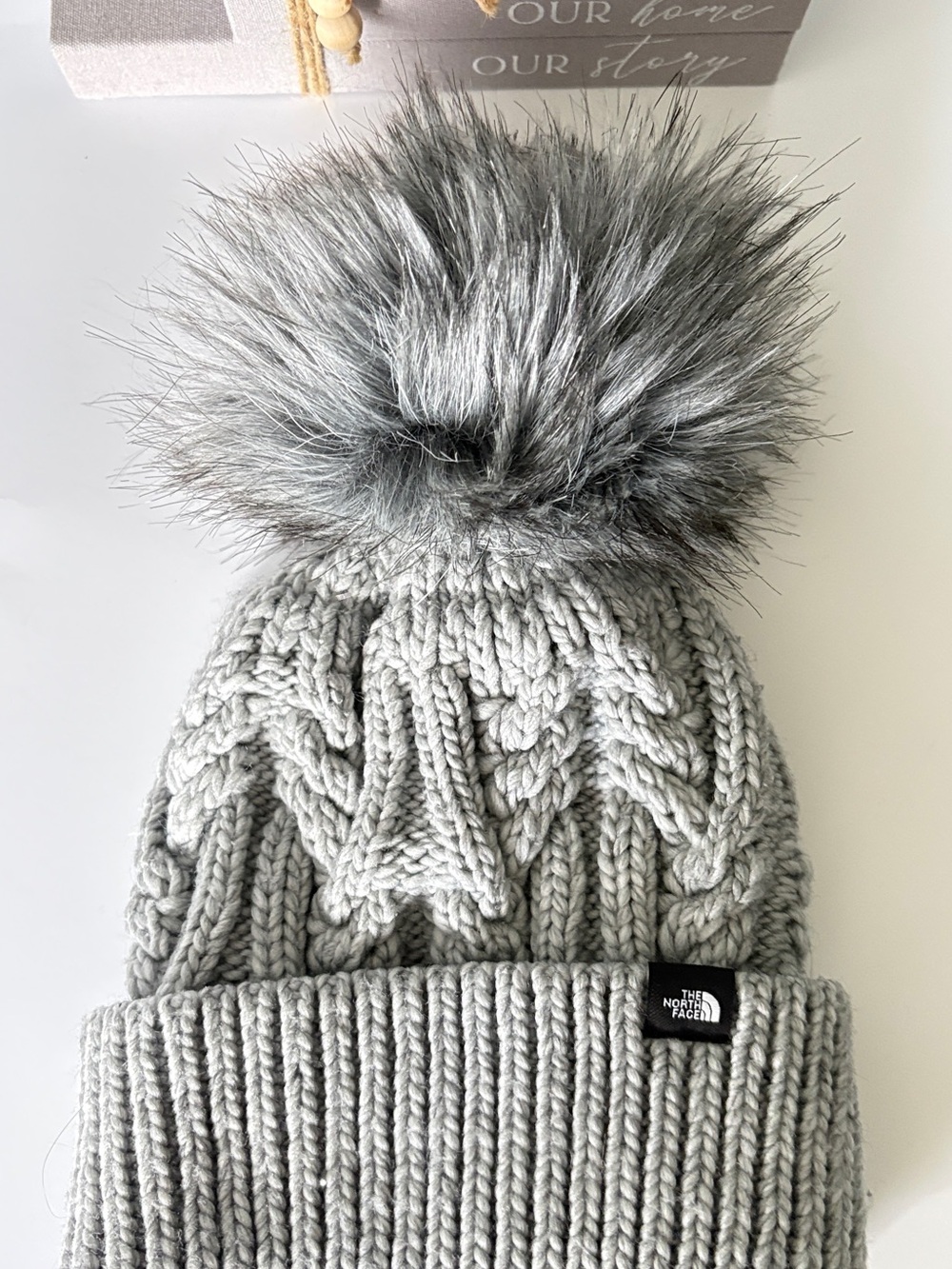 The North Face Light Grey Cable Knit Pom Beanie